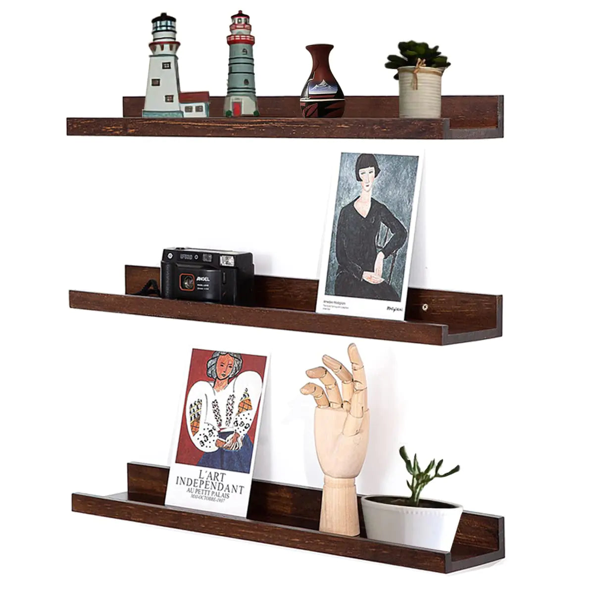 MBYD 16 Inch Wood Floating Shelves Wall Mounted Deep Walnut Picture Ledge Shelf Nursery Book Shelves for Home Decor for Bedrooms Office Living Room Kitchen 3 Same Sizes