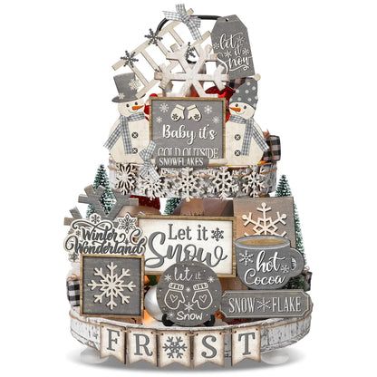 Nuogo 25 Pcs Winter Tiered Tray Decor Wood Rustic Winter Decoration for Home Snowflake Table Shelf Christmas Winter Farmhouse let it Snow Decor Xmas Snowman Signs for Table Holiday