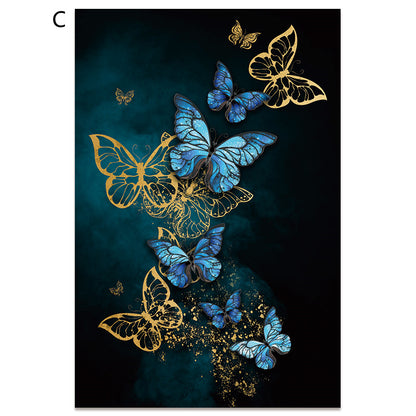 Frameless Modern Abstract Gold Blue Butterfly Canvas Art