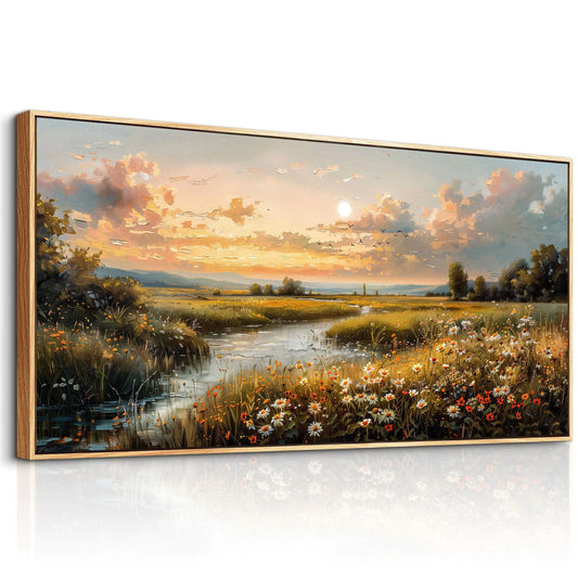 FUHAIHUA Large Wood Framed Wall Decor For Living Room Canvas Wall Art For Office Modern Wall Decorations For Bedroom Sunset Landscape Painting Farmhouse Pictures Artwork Room Home Decor 24x48 In