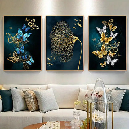 Frameless Modern Abstract Gold Blue Butterfly Canvas Art