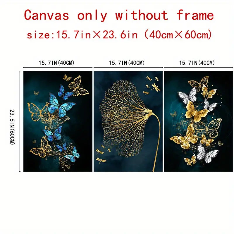 Frameless Modern Abstract Gold Blue Butterfly Canvas Art