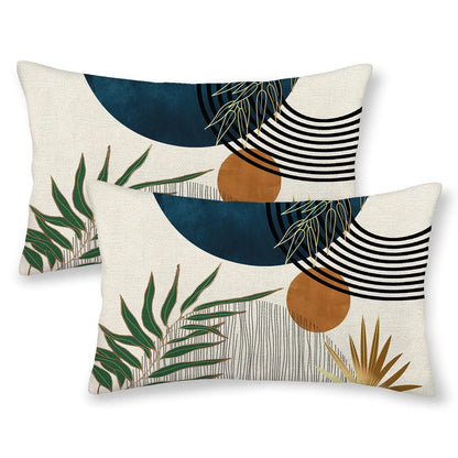 Boho Pillow Covers 12x20 Set of 2 Mid Century Navy Blue Green Gold Sunset Throw Pillow Cover Abstract Bohemian Style Tropical Leaf Pillowcase Farmhouse Cushion Case For Home Sofa Outdoor Decor