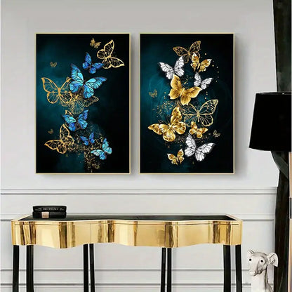 Frameless Modern Abstract Gold Blue Butterfly Canvas Art