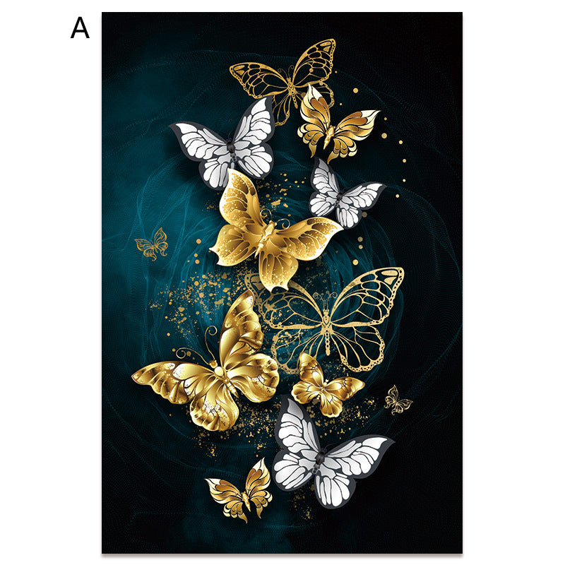 Frameless Modern Abstract Gold Blue Butterfly Canvas Art