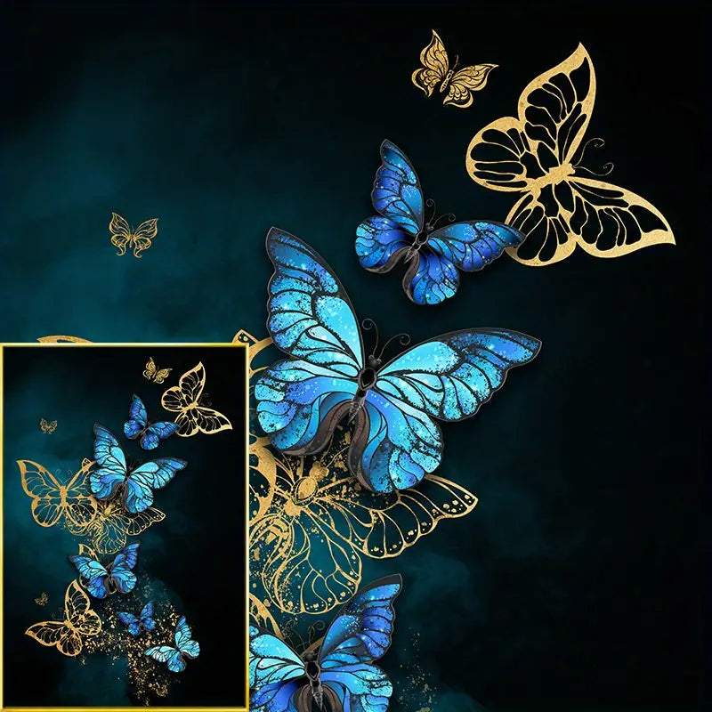 Frameless Modern Abstract Gold Blue Butterfly Canvas Art