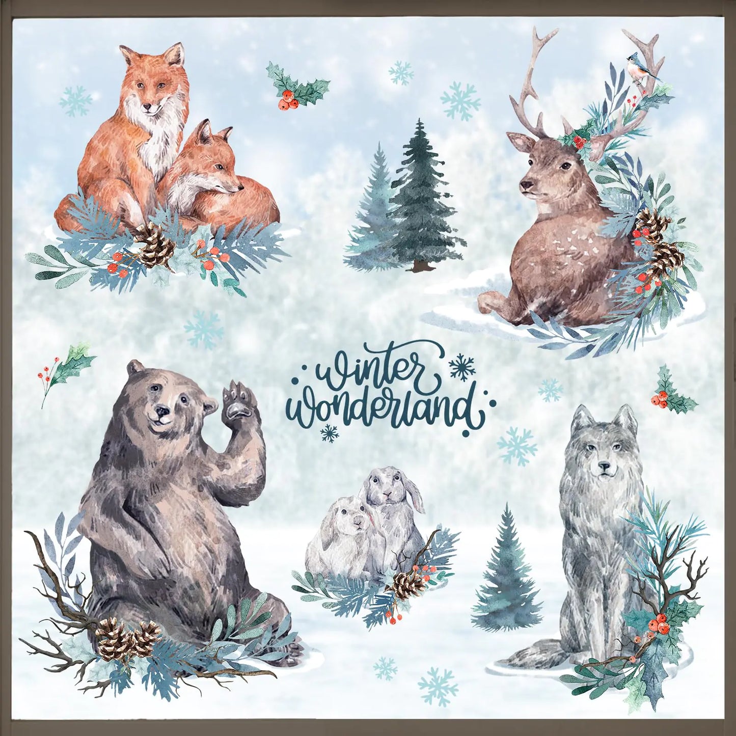 Winter Wonderland Woodland Animals Window Clings 4 Sheets Forest Bear Fox Deer Wolf Rabbit Stickers Decals Decorations Pine Tree Pine Cone Red Berry Snowflake Christmas Home Kitchen Decor