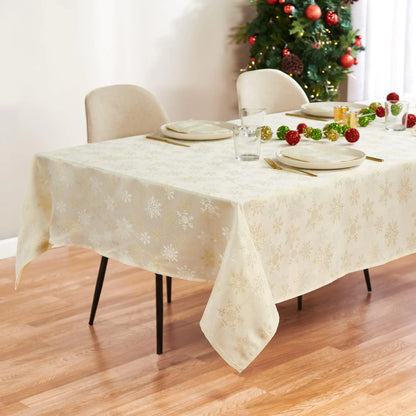 Christmas Tablecloth White & Gold Snowflake Table Cloth Metallic Fabric Tablecloth. Elevate Your Dining Decor for a Stunning Holiday Experience. (60 x 102 Inch) for 6 Foot Rectangle Tables.
