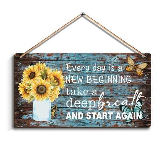 Hanging Wooden Art Sign - Sunflower Blue Butterfly Inspirational Quotes - Every Day is a New Beginning - Inspirational Quote Gift for Women Decor 12 x 6 inch