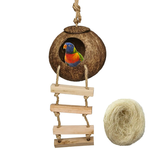 Hanging Bird House with Ladder Natural Coconut Fiber Shell Bird Nest Breeding for Parrot Parakeet Lovebird Finch Canary Coconut Hide Bird Swing Toys for Hamster Bird Cage Accessories Pet Bird Supplies