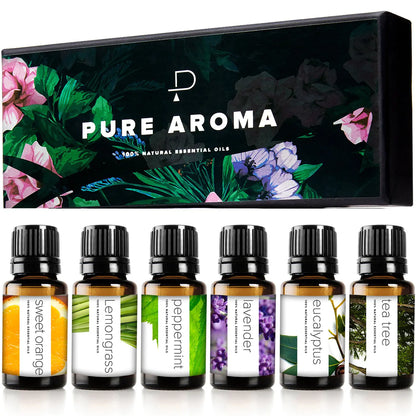 PURE AROMA Essential oils 100% Pure Therapeutic Grade Oils kit- Top 6 Aromatherapy Oils Gift Set-6 Pack 10ML(Eucalyptus Lavender Lemon grass Orange Peppermint Tea Tree)