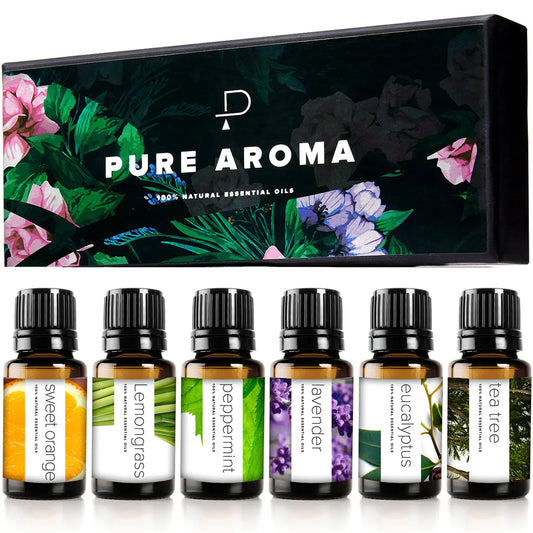 PURE AROMA Essential oils 100% Pure Therapeutic Grade Oils kit- Top 6 Aromatherapy Oils Gift Set-6 Pack 10ML(Eucalyptus Lavender Lemon grass Orange Peppermint Tea Tree)