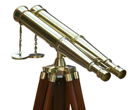 MARY NAUTICAL- 62 Inches Floor Standing Admirals Solid Shinny Brass Binocular Fully Functional Nautical Home Decor Binoculars for Adults with Wooden Tripod Stand