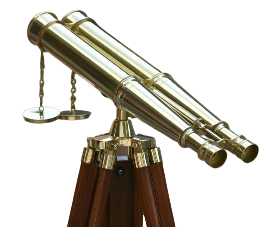 MARY NAUTICAL- 62 Inches Floor Standing Admirals Solid Shinny Brass Binocular Fully Functional Nautical Home Decor Binoculars for Adults with Wooden Tripod Stand