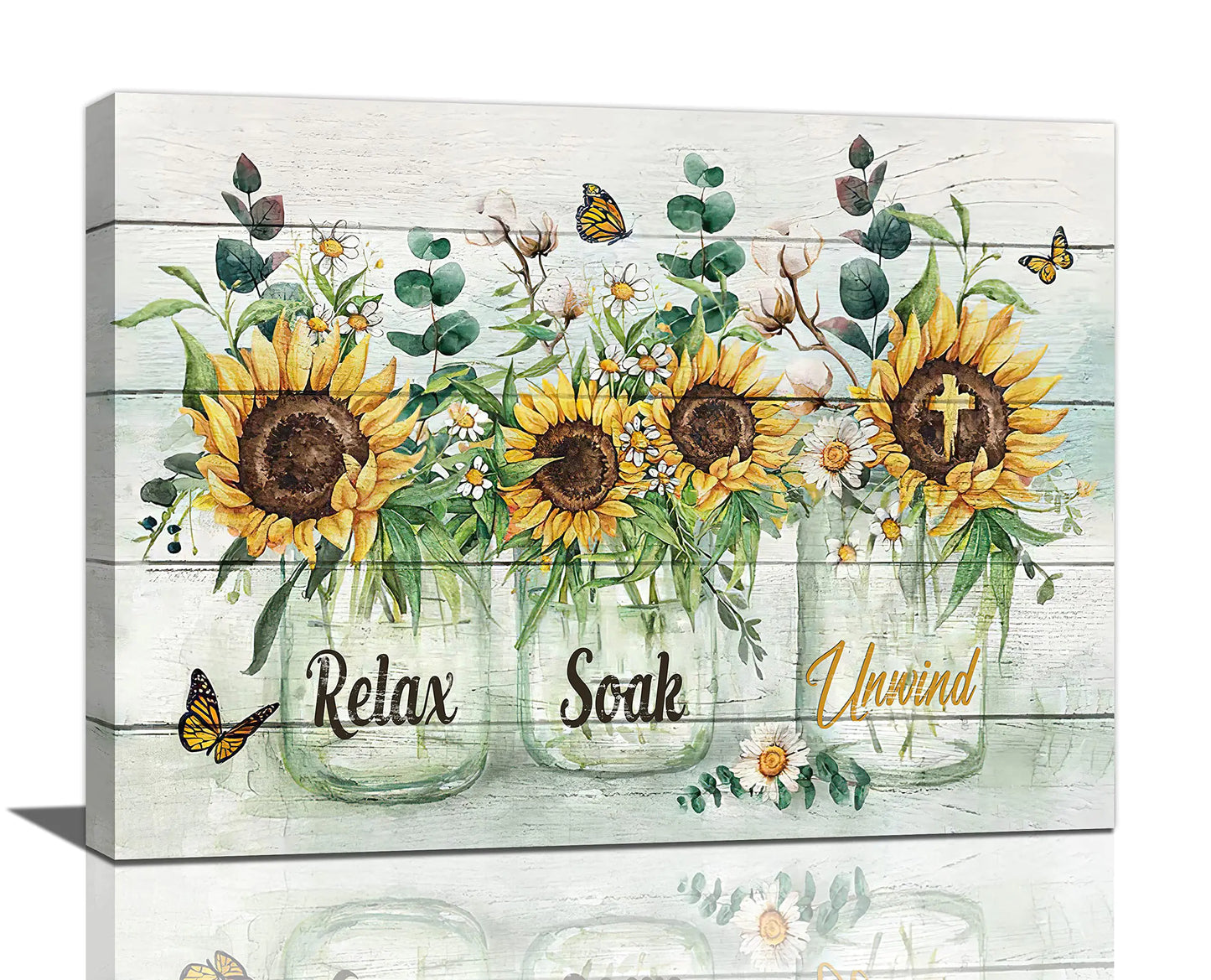 Farmhouse Sunflower Bathroom Decor Wall Art Rustic Flower Butterfly Floral Pictures Wall Decor Relax Soak Unwind Sign Canvas Painting Prints Artwork Home Decorations Framed for Bathroom 16"x12"