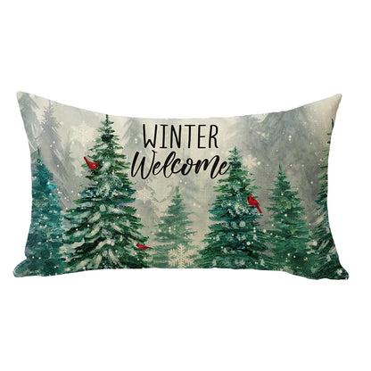 Winter Welcome Pine Tree Lumbar Decorative Throw Pillow Cover 12 x 20 Rectangular Snowy Forest Cardinal Outdoor Home Decor Christmas Seasonal Red Birds Snowflake Sofa Couch Cushion Case