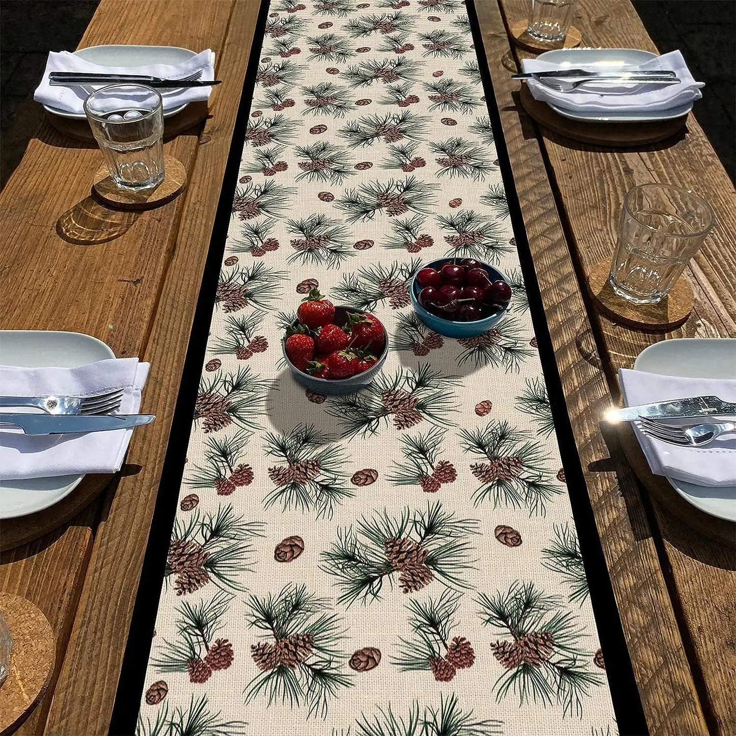 Winter Pine Cones Branches Table Runner Pine Needles Tabletop Scarf Home Kitchen Green Black Christmas Decor Seasonal Farmhouse Rustic Burlap Dining Decorations Party Supply 13 x 108 Inch