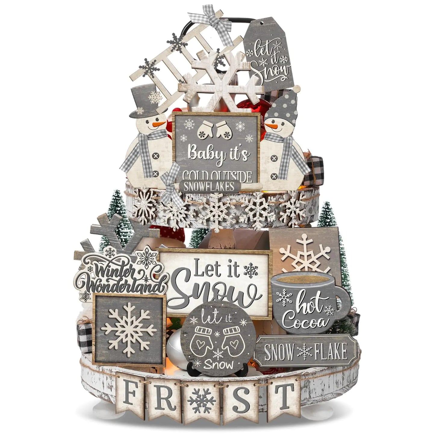 Nuogo 25 Pcs Winter Tiered Tray Decor Wood Rustic Winter Decoration for Home Snowflake Table Shelf Christmas Winter Farmhouse let it Snow Decor Xmas Snowman Signs for Table Holiday