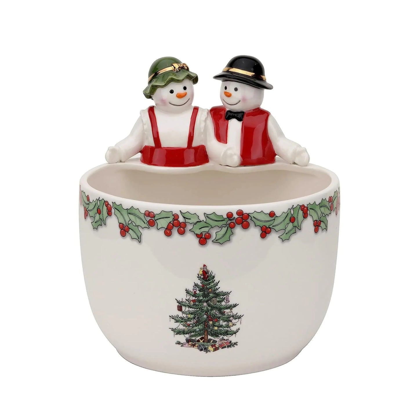 Christmas Tree 9-Inch Candy Bowl - Mr. & Mrs. Snowman Decorative Earthenware Bowl for Serving Candy Nuts Holiday Treats - Festive Tableware & Charming Holiday Decor - Dishwasher Safe