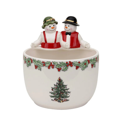 Christmas Tree 9-Inch Candy Bowl - Mr. & Mrs. Snowman Decorative Earthenware Bowl for Serving Candy Nuts Holiday Treats - Festive Tableware & Charming Holiday Decor - Dishwasher Safe