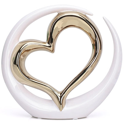 White and Gold Home Decor Porcelain Heart Decor - for Living Room Entryway Coffee Dining Table Shelves Wedding Valentines Gift for Couples & Lovers Heart Sculpture Art