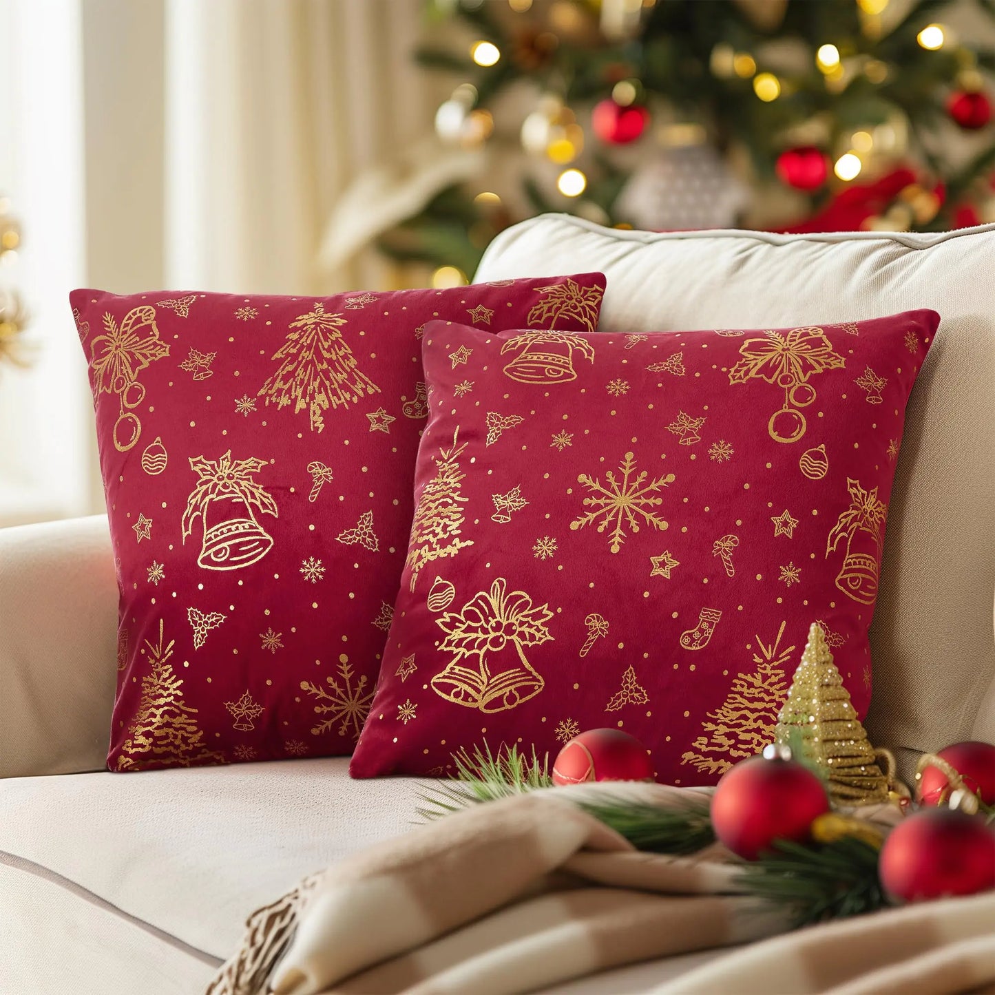 Christmas Throw Pillow Covers 18x18 inches Velvet Merry Christmas Decor Foil Print Christmas Tree Jingle Bell Snowflake Pillow Covers for Couch Bedroom 2 Pieces