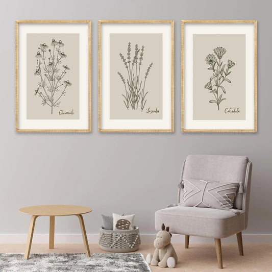 Set Of 3 Vintage Antique Garden Wildflowers Wall Art Decor 16x11 Inch Rustic Wood Framed Family Living Room Floral Sign Modren Nature Flower Home Pictures Botanical Wall Hanging (Wood)