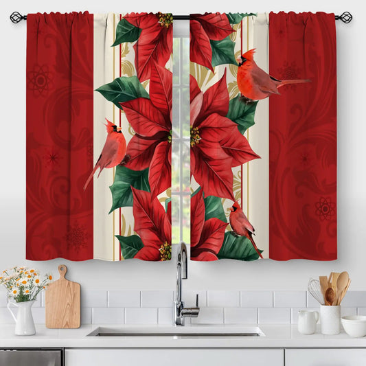 Christmas Poinsettia Flowers Kitchen Curtains - Xmas Red Cardinal Birds Winter Pattern Small Short Window Curtains for Living Dining Room Decor Rod Pocket Window Drapes 36 Inch Length Set 28"x36"