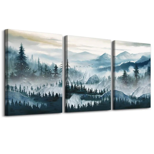 Landscape Canvas Wall Art For Living Room Framed Wall Decor For Bedroom Office Decoration Fog Mountain Forest Posters Landscape Wall Painting Print Pictures Artworks Ready to Hang Home Decor 3 Piece