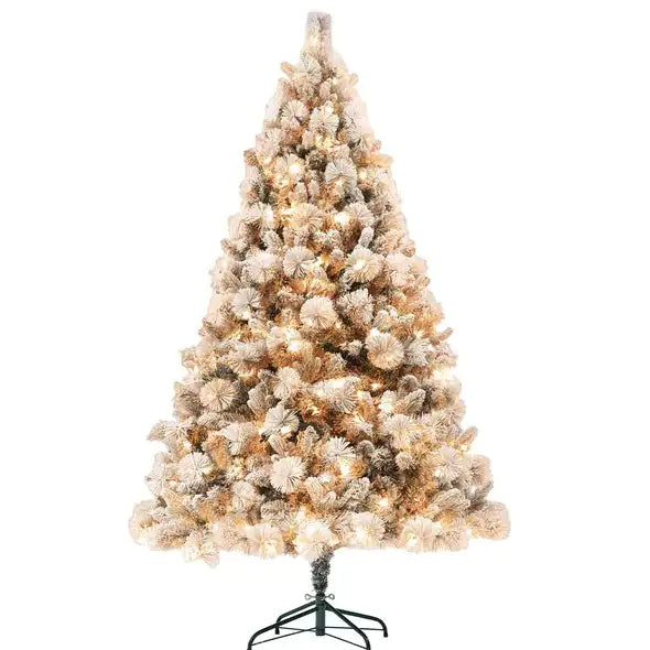 6.5 Ft Pre-Lit Artificial Christmas Tree With 350 Clear Lights And 1107 Tips, Snow Flocked Christmas Tree With Metal Stand, Hinged Xmas Tree For Home Office Holiday, Green