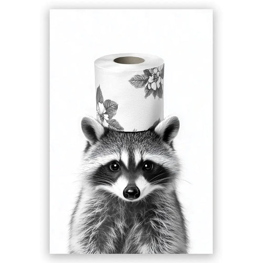 Funny Wall Decor for Bathroom Cute Raccoon Toilet Paper Roll Canvas Poster Bathroom Wall Art Decor Black and White Restroom Decor for Wall Humorous Wall Prints Painting 16x24inch Unframed
