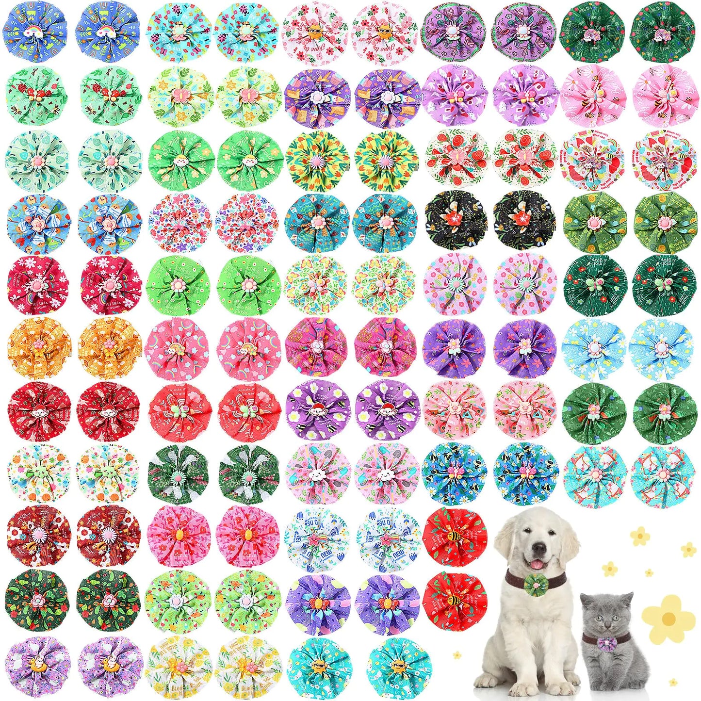 100 Pcs Spring Dog Collar Flowers Charms Bulk Pet Flower Collar Bow Ties Holiday Dog Accessories Grooming Supplies Puppy Bows Slides Attachment for Small Medium Large Dogs Cat