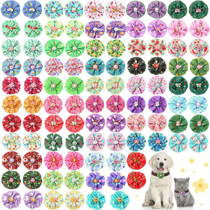 100 Pcs Spring Dog Collar Flowers Charms Bulk Pet Flower Collar Bow Ties Holiday Dog Accessories Grooming Supplies Puppy Bows Slides Attachment for Small Medium Large Dogs Cat